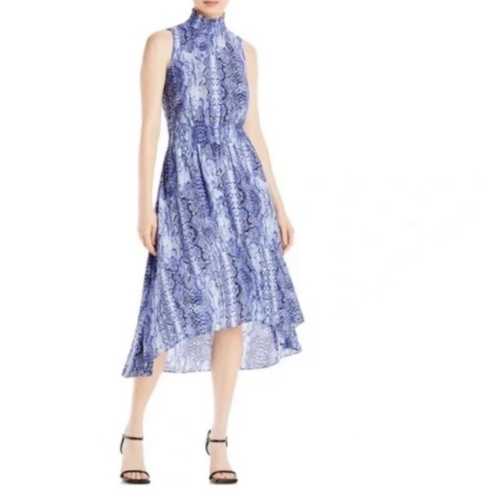 Nanette Lepore Blue Snakeskin Print Mock Neck High Low Midi Dress Size‎ 14 NWT